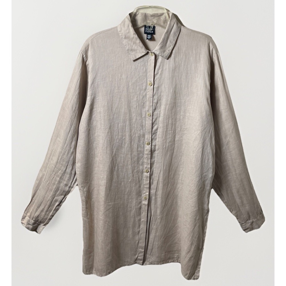 Eileen Fisher Irish Linen Beige Long Sleeve Button Up Tunic Top Women's Size S
